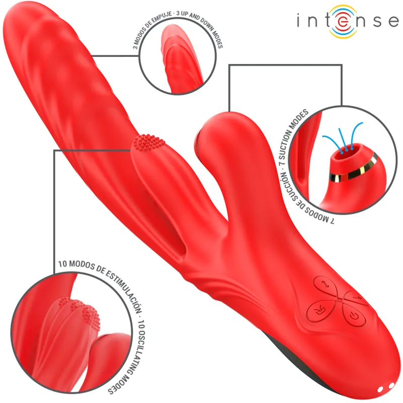 Vibromasseur Intense Karol annoté, avec sa tige à va-et-vient, sa languette à picots et son embout d'aspiration