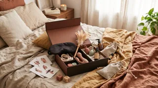 Coffret coquin : masque, plumeau, dés et cartes de jeu présentés dans leur boîte cadeau sur un lit