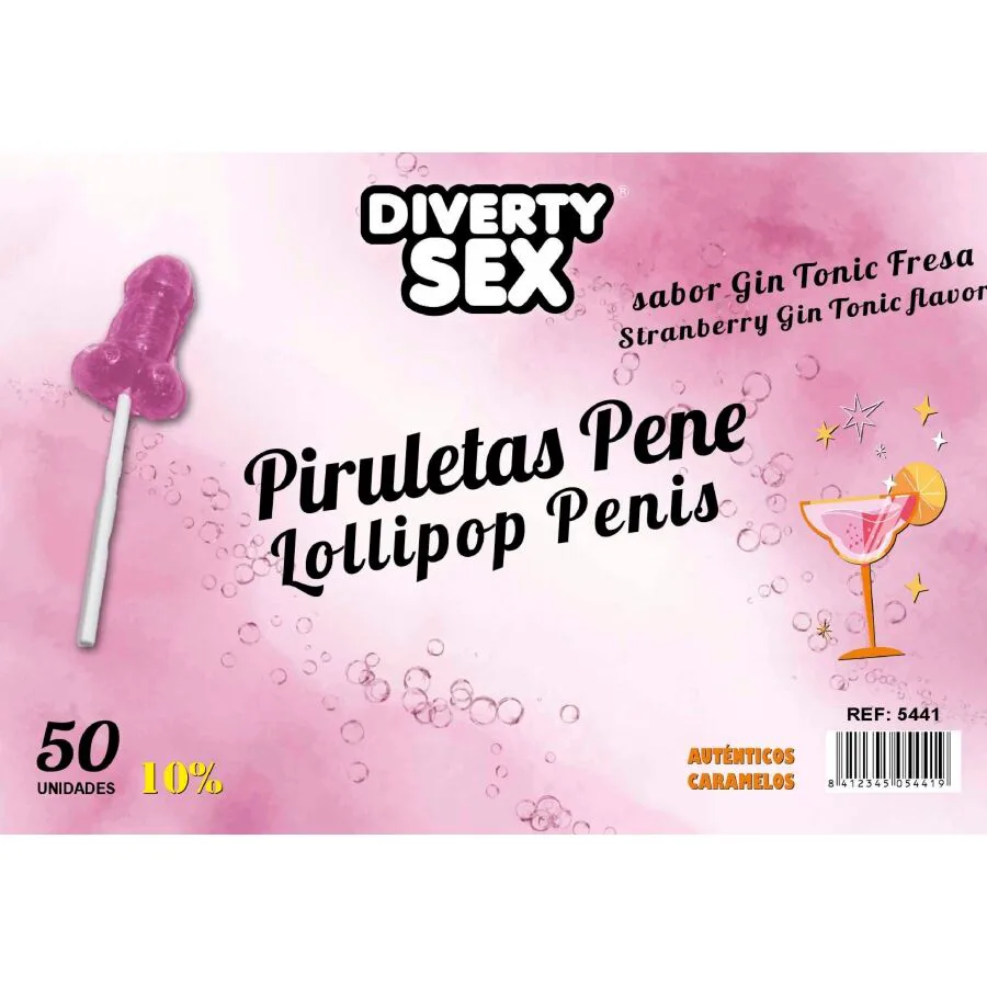 50 Sucettes Pénis Gin Tonic Saveur Fraise 10% Alcool Diablo Goloso jeu coquin