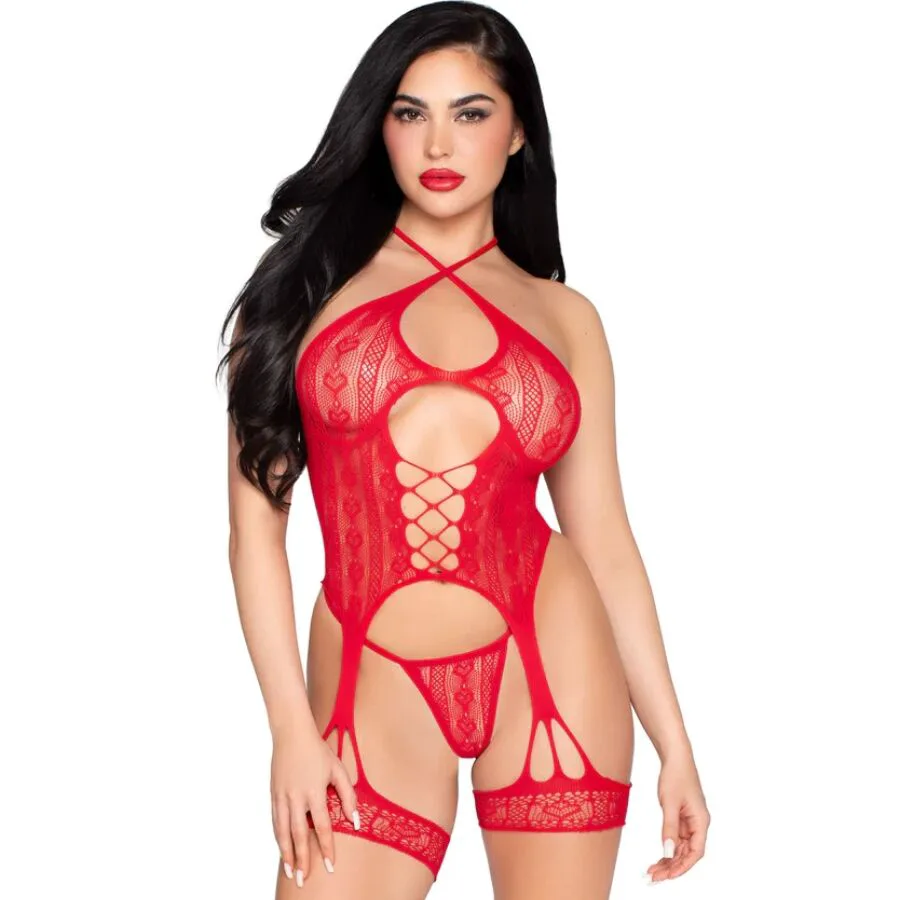 Body Ouvert en Dentelle avec Porte-jarretelles + Leg Avenue