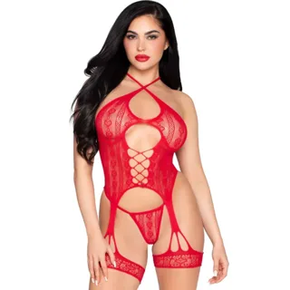 Body Ouvert en Dentelle avec Porte-jarretelles + Leg Avenue