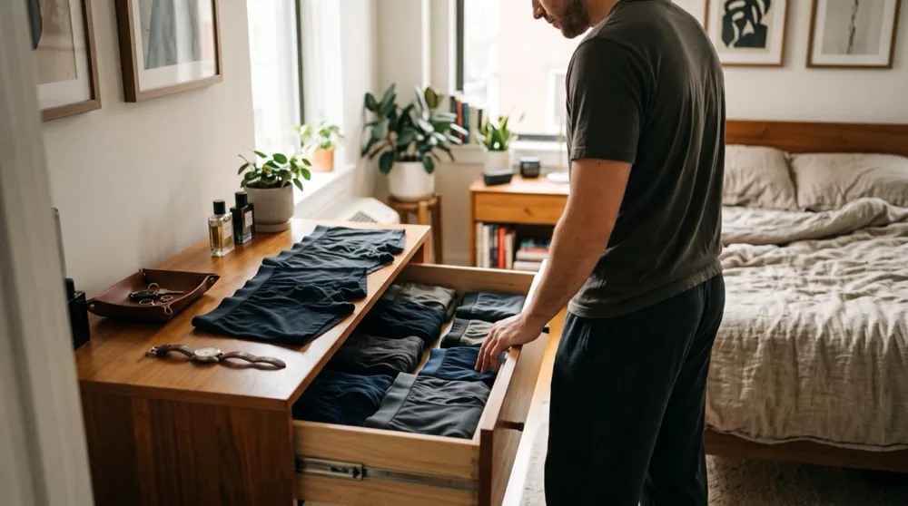 Sous-vêtements sexy pour homme : boxers et slips rangés dans un tiroir de commode