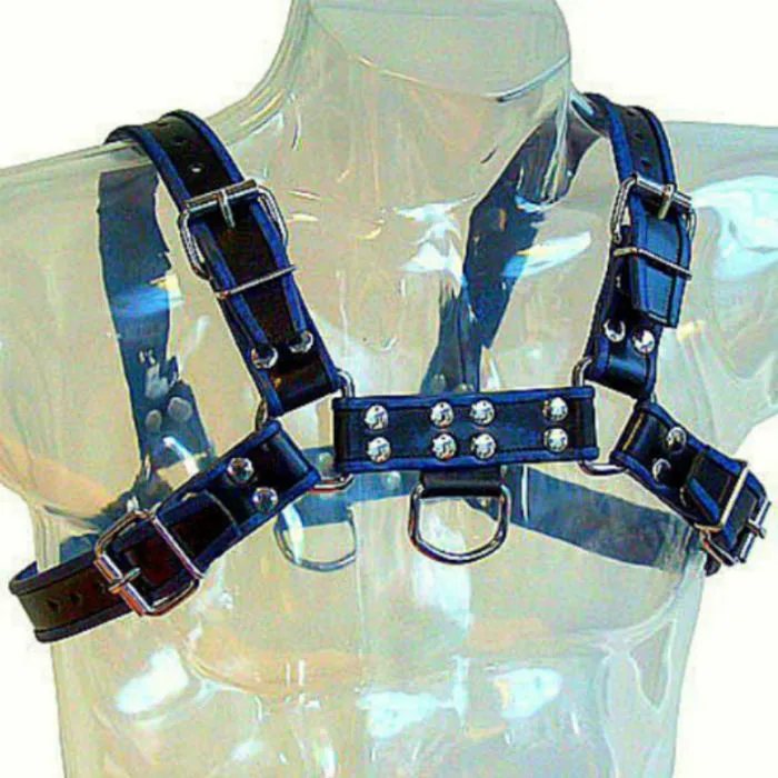 Harnais en Cuir Bleu et Noir Poitrine Bulldog Leather Body