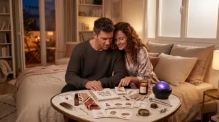 Idées de préliminaires : couple complice jouant à un jeu de cartes du désir dans une chambre tamisée