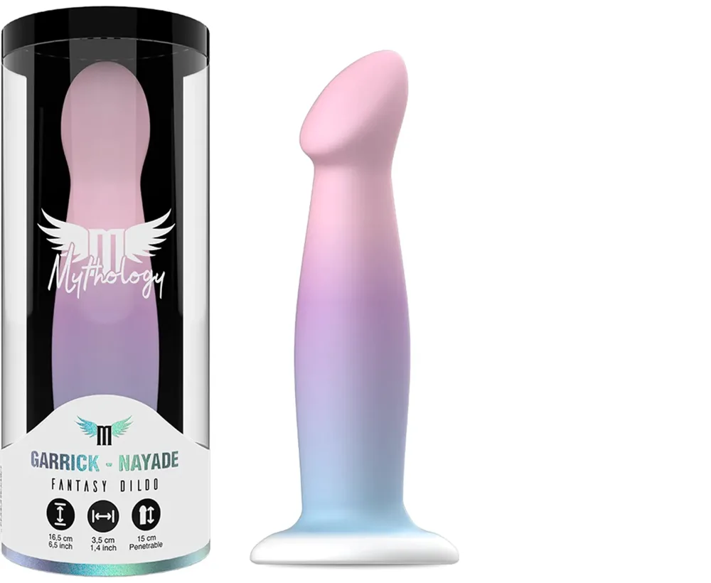Gode Garrick Nayade en silicone dégradé rose et bleu, à côté de son étui Mythology