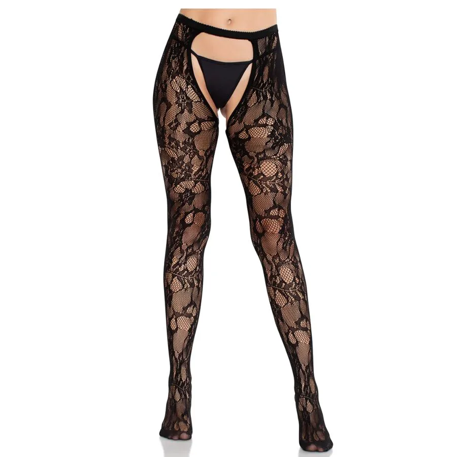 Bas en Dentelle Rose avec Dos Ouvert Noir Leg Avenue