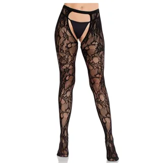 Bas en Dentelle Rose avec Dos Ouvert Noir Leg Avenue