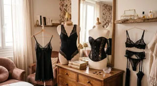 Body en dentelle, corset et nuisette présentés sur des mannequins dans une chambre