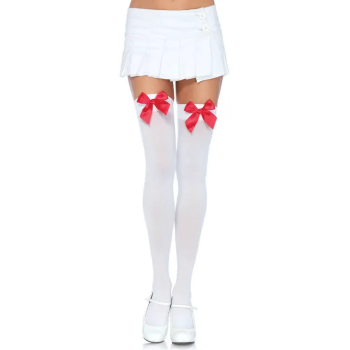 Porte-jarretelles Cuisses Hautes en Nylon avec Noeud Blanc / Rouge Leg Avenue