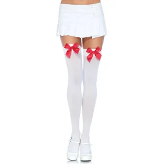 Porte-jarretelles Cuisses Hautes en Nylon avec Noeud Blanc / Rouge Leg Avenue