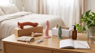 Comment choisir son gode : godes en silicone à ventouse de tailles et formes différentes posés sur une commode