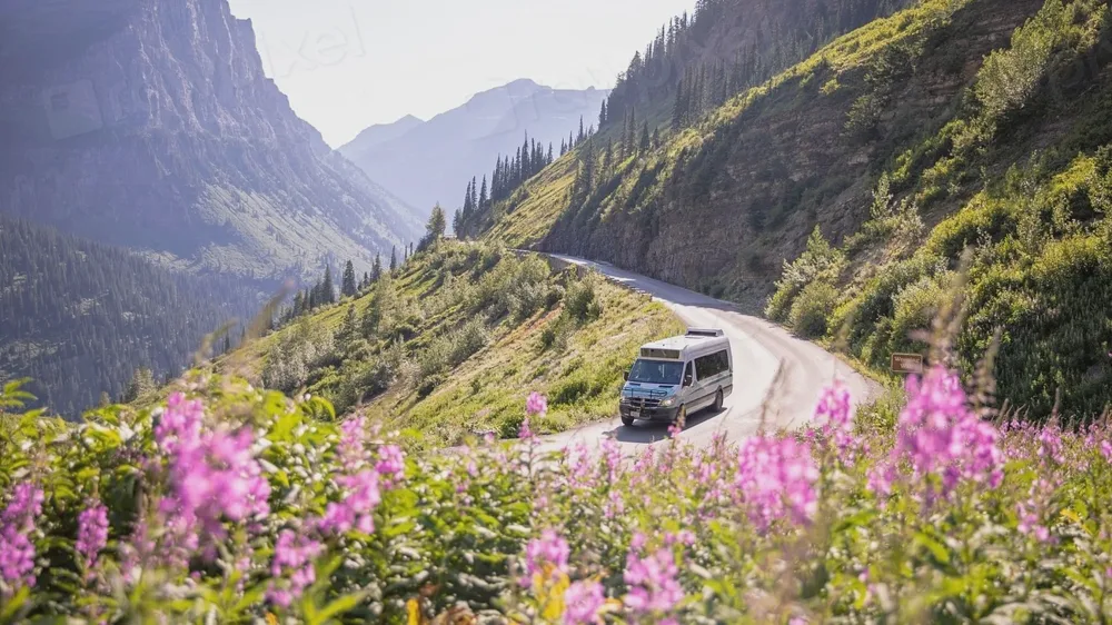 Van aménagé sur une route de col en montagne, bordée de fleurs d'épilobe roses