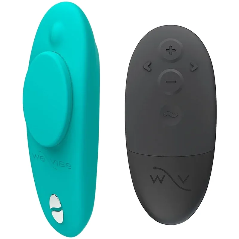 We-Vibe Moxie+ turquoise, vibromasseur de culotte à clip magnétique, et sa télécommande noire