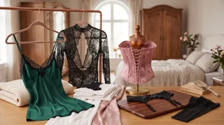 Types de lingerie sexy : nuisette en satin, body en dentelle, corset et porte-jarretelles dans une chambre