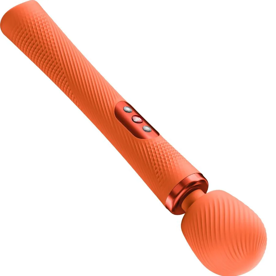 Vibromasseur Vim Wand orange, grosse tête sphérique texturée en spirale, manche épais gravé de motifs et bouton rouge de la marque