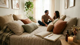 Aphrodisiaques : couple complice au lit, flacon et carnet posés à portée de main
