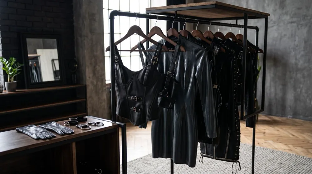 Lingerie en cuir et latex : bustier, robe et combinaison noires sur un portant, avec gants et menottes