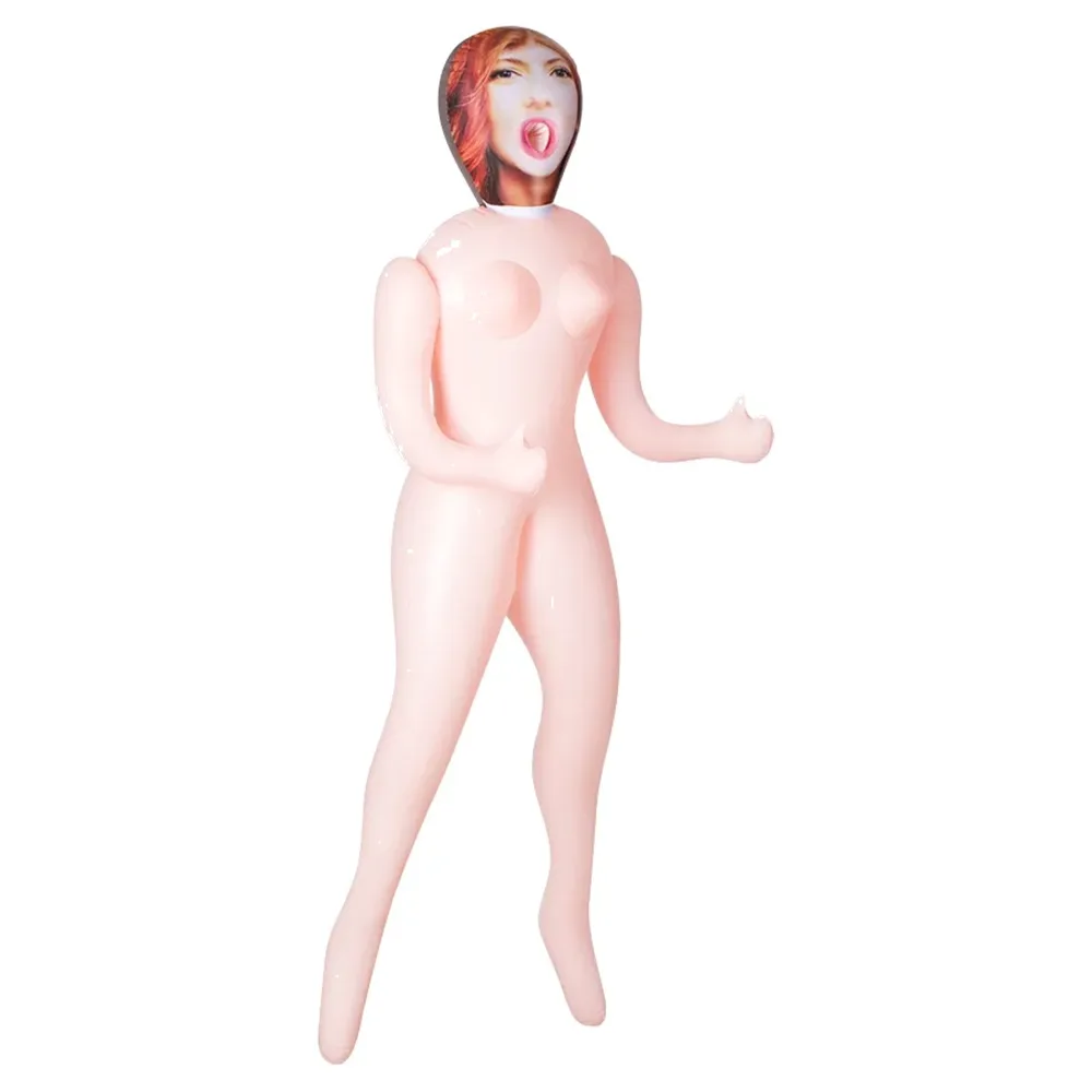 Poupée gonflable rousse à trois orifices sur fond blanc