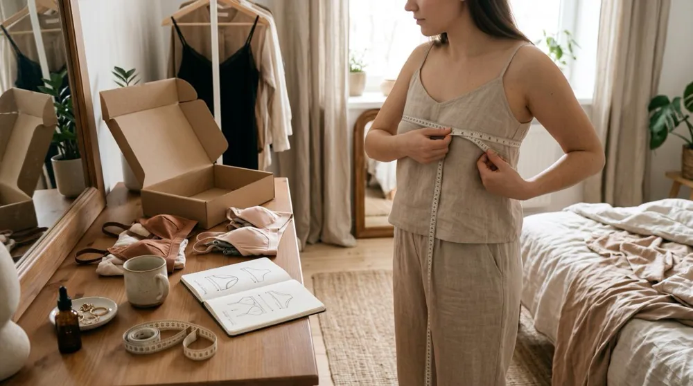 String ouvert : prise de mesures au mètre ruban et croquis de modèles pour choisir la bonne taille