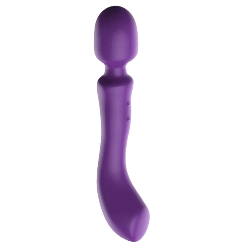 Bâtonnet de massage violet à deux extrémités vibrantes, tête arrondie et embout effilé, sur fond blanc