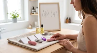Femme comparant plusieurs mini-vibromasseurs devant une planche anatomique du clitoris