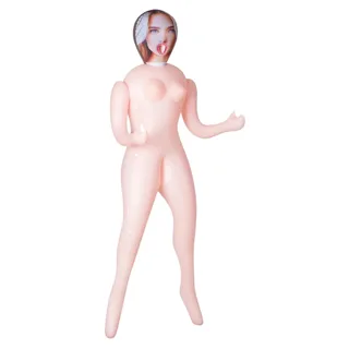 Poupée gonflable femme blonde à trois orifices sur fond blanc