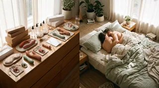 Jouets sexuels : vibromasseurs, godes et anneaux en silicone pastel disposés sur une commode en bois