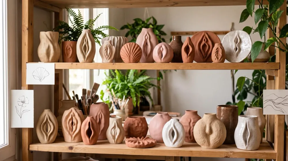 Types de vulve : céramiques artisanales illustrant la diversité des anatomies, alignées sur une étagère d atelier