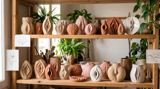 Types de vulve : céramiques artisanales illustrant la diversité des anatomies, alignées sur une étagère d atelier