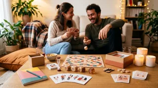 Jeux coquins pour couple : plateau de jeu, cartes et dés posés sur une table basse, couple en train de jouer