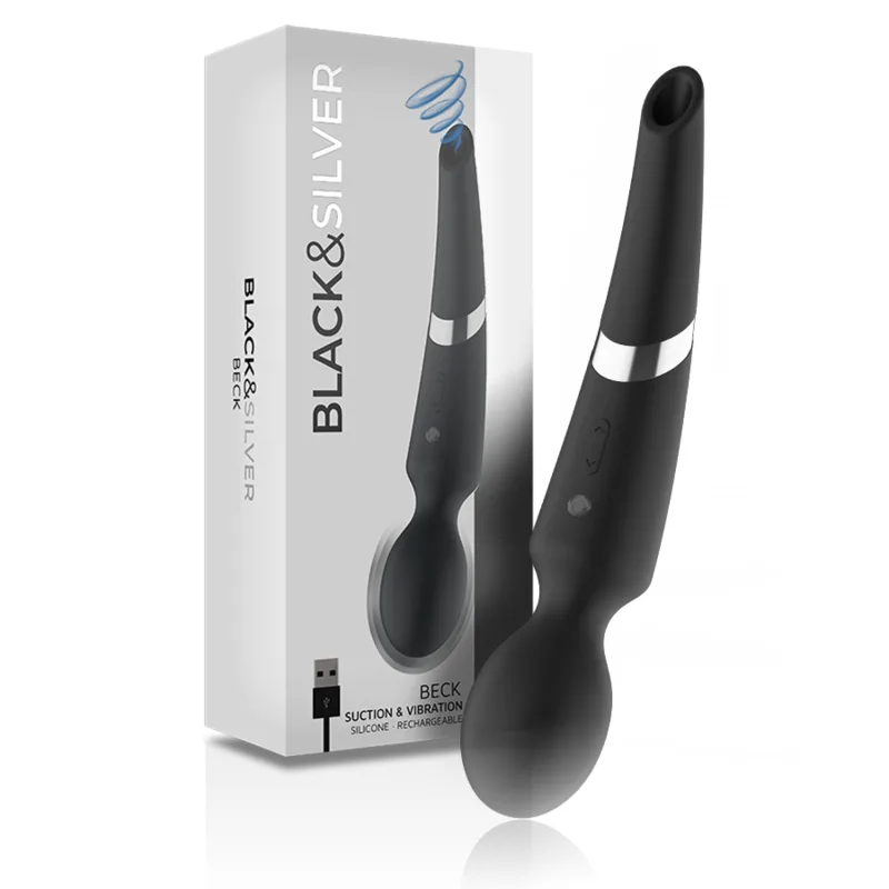 Vibromasseur Beck noir à deux extrémités, embout d'aspiration d'un côté et tête de wand de l'autre, anneau argenté central