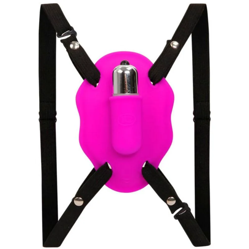 Stimulateur clitoridien à porter Baile Love Rider, coussinet fuchsia et sangles noires réglables
