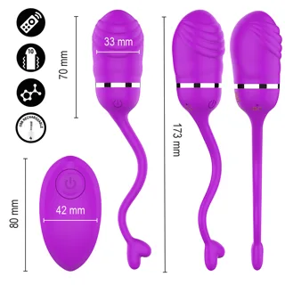 Dimensions du Sookie violet, tête 70 × 33 mm, 173 mm au total, télécommande 80 × 42 mm