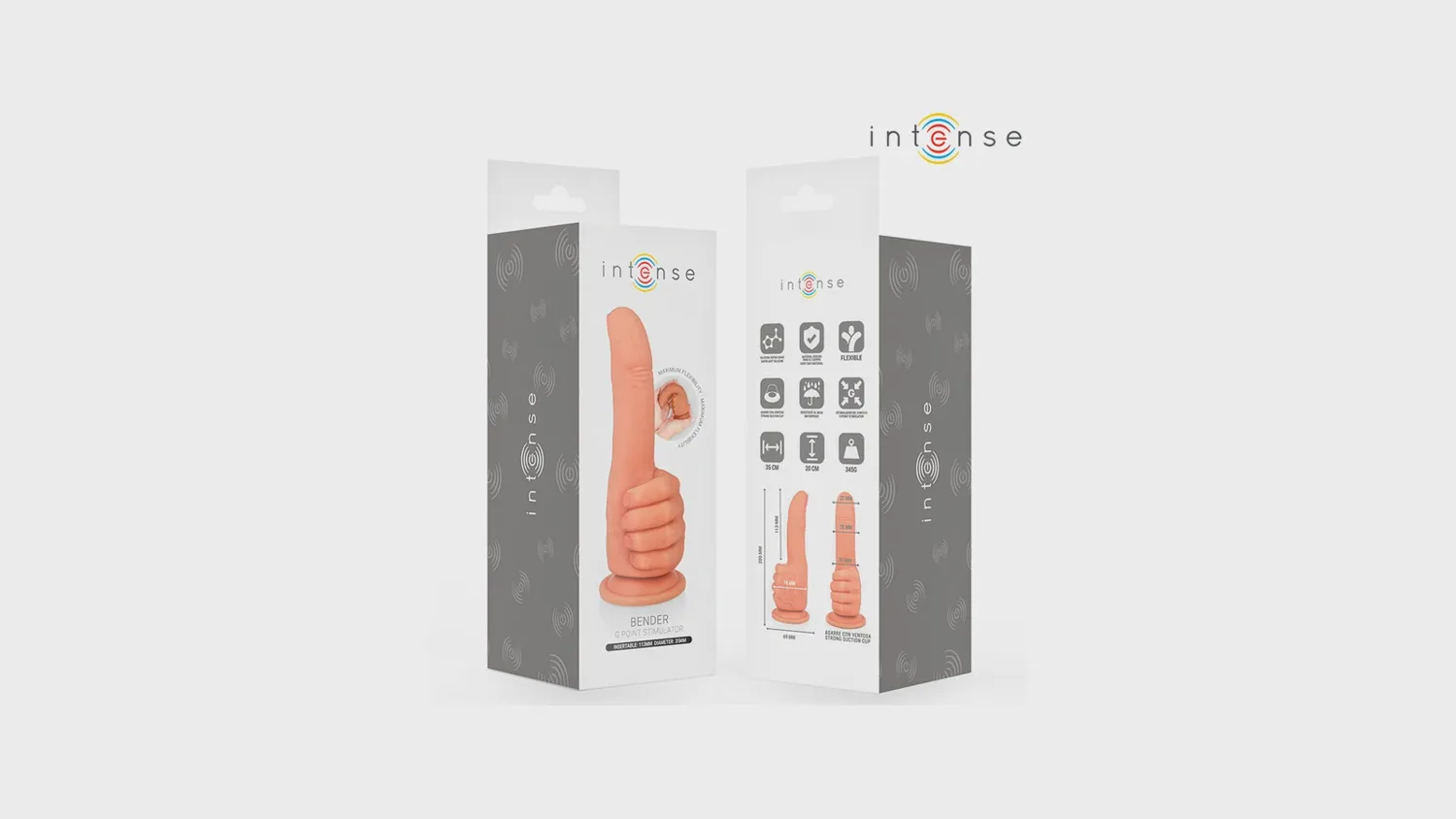 Gode point G Intense Bender en forme de main au doigt tendu, en silicone couleur chair, devant sa boîte