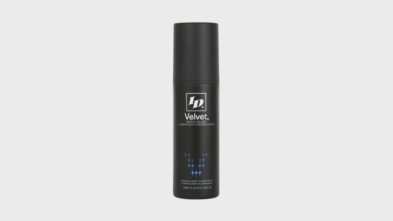 Flacon de lubrifiant silicone Bodyglide Id Velvet de 125 ml, formulé pour les peaux sensibles