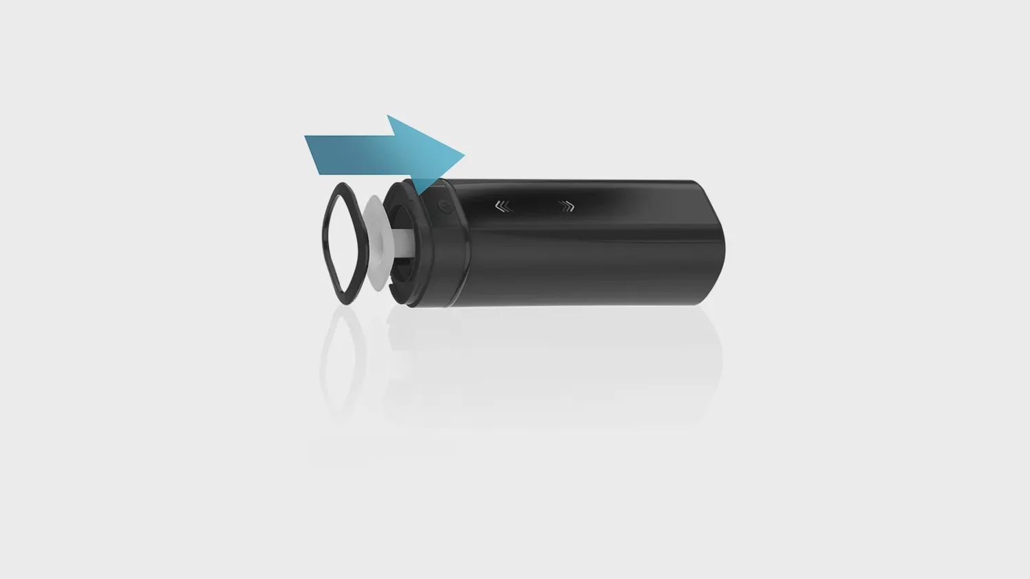 Masturbateur automatique Onyx de Kiiroo, corps noir cylindrique, avec son anneau d'entrée