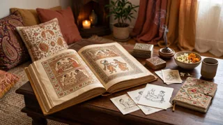 Kamasutra : ouvrage ancien ouvert sur des miniatures indiennes, encens et planches de positions