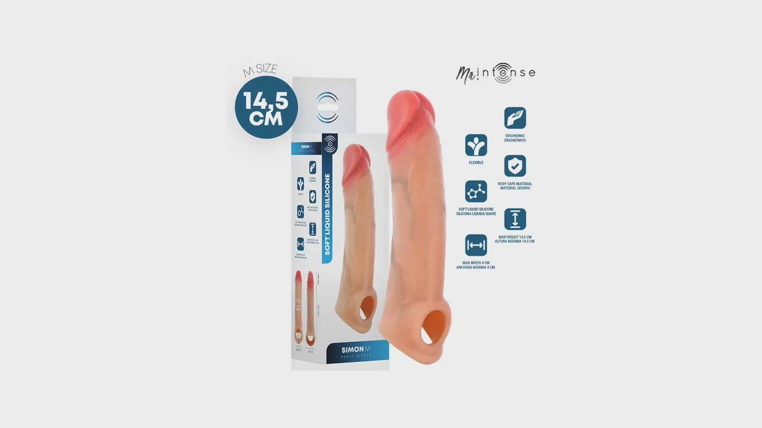 Gaine de pénis Mr Intense Simon M en silicone liquide, gland marqué et veines moulées, posée devant sa boîte