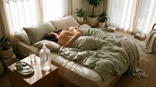 Comment bien pénétrer : flacon de lubrifiant grand format sur la table de chevet, chambre apaisée au réveil