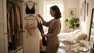 Tenue sexy : femme en peignoir qui choisit un ensemble de lingerie dans son dressing