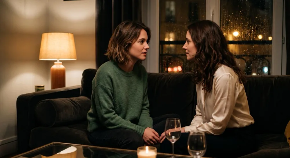 Deux femmes assises face à face sur un canapé, conversation intime à la bougie