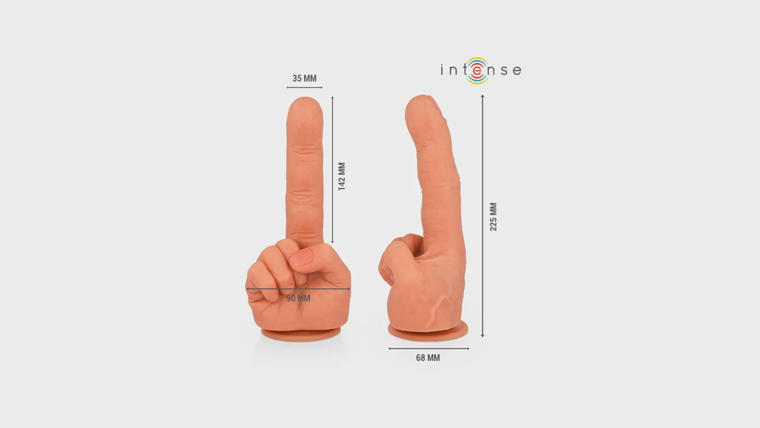 Gode point G Intense Hubert en forme de main à index tendu, avec ses cotes : 142 mm insérables, 35 mm de diamètre, base de 68 mm