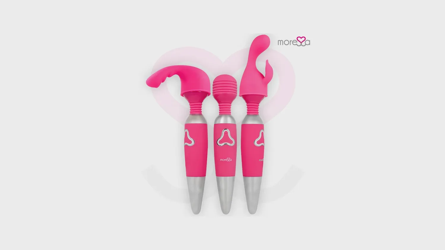 Wand de massage Moressa Odilon rose, avec et sans ses deux embouts en silicone, vu sous trois angles