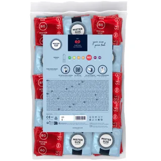 Sachet de 100 préservatifs Mister Size 60 mm, dos avec tableau des tailles