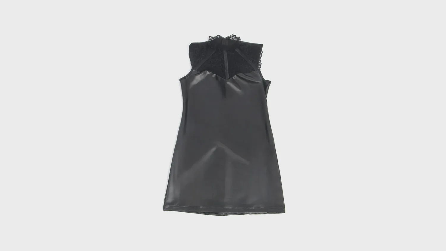 Robe effet cuir à col en dentelle florale Subblime présentée à plat, tenue fétichiste en matière vinyle