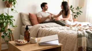 Massage orgasmique : huile de massage et bougie posées au premier plan, couple allongé sur le lit en arrière-plan