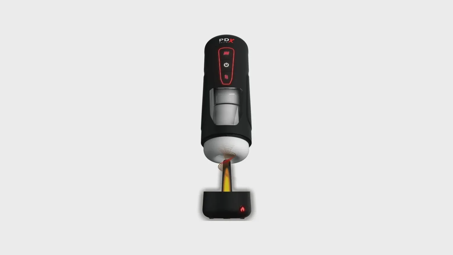 Masturbateur automatique Milk Me Hotter de PDX Elite posé sur sa base chauffante