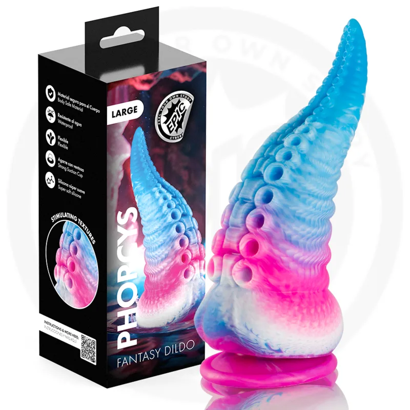 Gode tentacule fantaisie Epic Phorcys en silicone bleu, rose et blanc couvert de ventouses sculptées, devant sa boîte