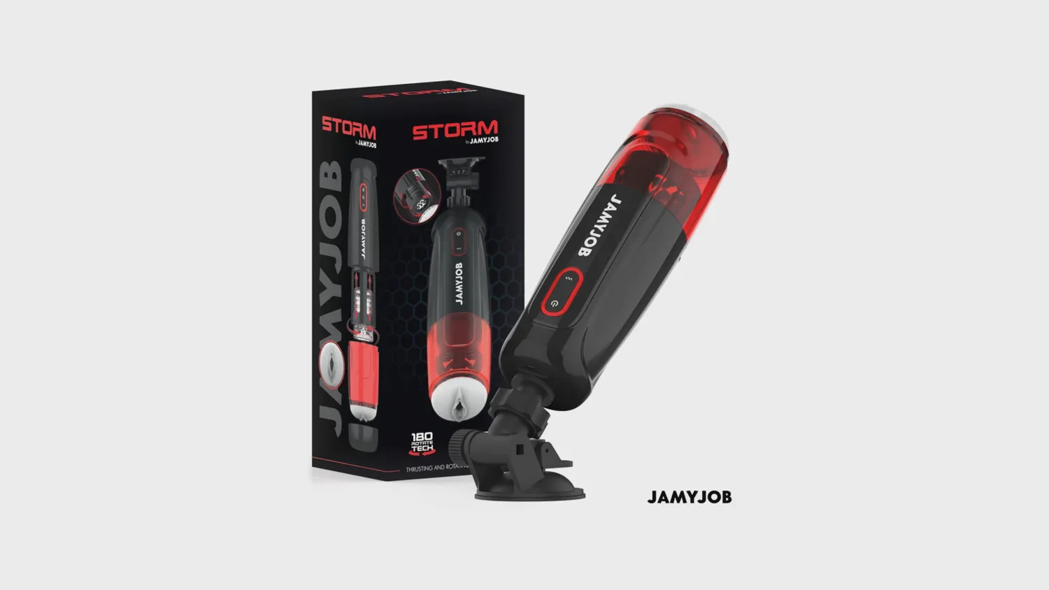 Masturbateur automatique Storm de Jamyjob à rotation, poussée et aspiration, fixé sur sa ventouse à côté de sa boîte
