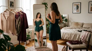 Cadeau coquin : femme qui essaie une nuisette devant son miroir, portant de lingerie à côté